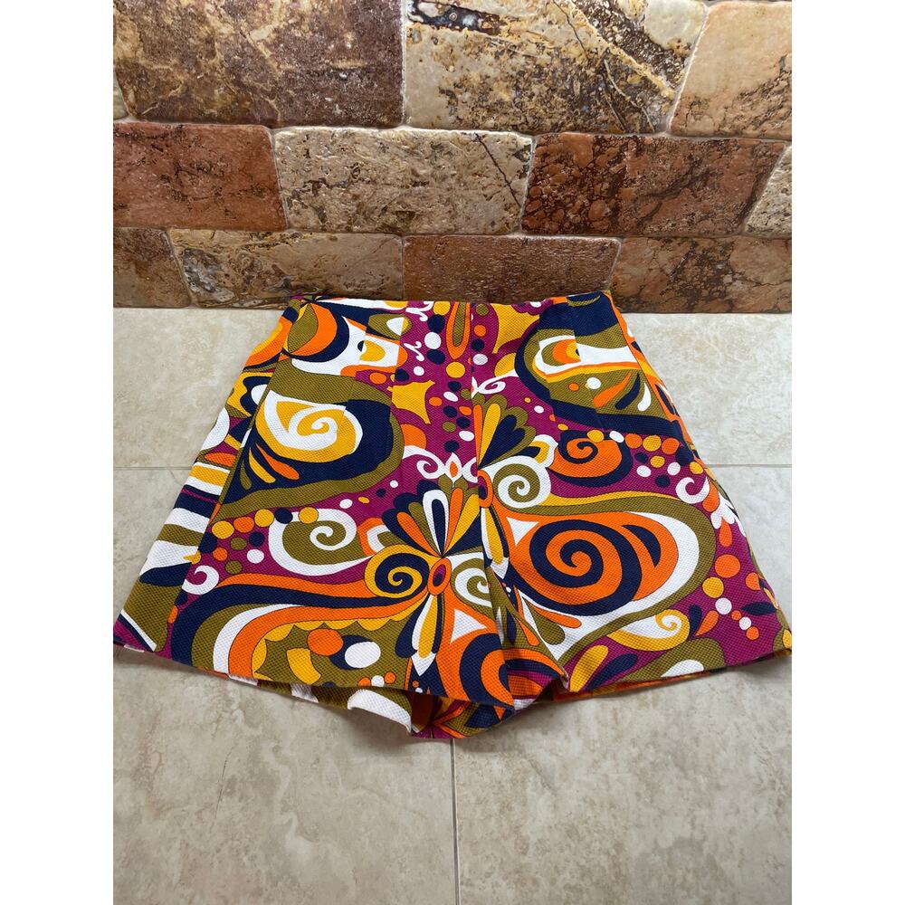 Zara Shorts Retro Mod Print High Waist Textured Lined Size S Colorful Side Zip - Picture 3 of 10